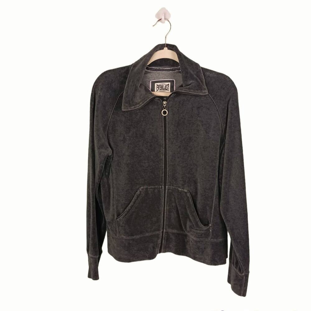 EVERLAST Womens Large Gray Velour Sweat Jacket Full Zip Front Kangaroo Pockets